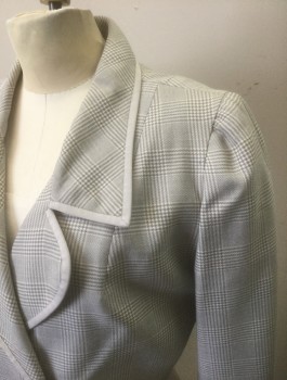 Womens, 1980s Vintage, Suit, Jacket, N/L, Gray, Lt Gray, Wool, Glen Plaid, Houndstooth, B:36, Blazer, Double Breasted, Cropped Boxy Fit, Oversized Lapel with Pointed and Round Notches, Gray Grosgrain Edging/Trim, Retro 1980's Does 1960's
