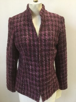 DRESSBARN, Red Burgundy, Pink, Lt Pink, Black, Purple, Polyester, Acrylic, Plaid, Zip Front, Stand Collar, Loose Knit
