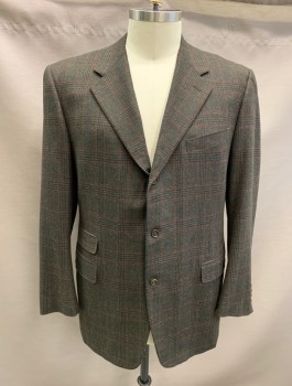 Mens, Sportcoat/Blazer, CANALI, Brown, Black, Red Burgundy, Wool, Cashmere, Glen Plaid, 48L, Single Breasted, Notched Lapel, 3 Buttons, 4 Pockets