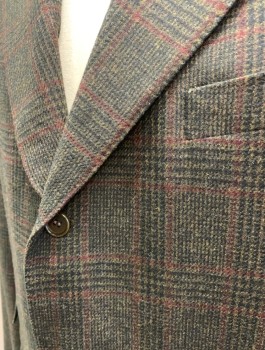 Mens, Sportcoat/Blazer, CANALI, Brown, Black, Red Burgundy, Wool, Cashmere, Glen Plaid, 48L, Single Breasted, Notched Lapel, 3 Buttons, 4 Pockets