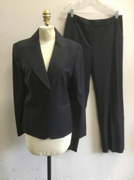ANN TAYLOR, Midnight Blue, Navy Blue, Lt Blue, Wool, Nylon, Stripes - Pin, Midnight with Navy and Lt Blue Stripes, Single Breasted, Collar Attached, Peaked Lapel, 2 Buttons,  2 Pockets
