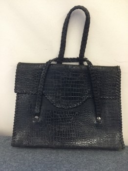 NL, Black, Leather, Reptile/Snakeskin, Small Rectangular Purse of Reptile Skin, Wrist Straps, Braided with Black Patent Wang,
