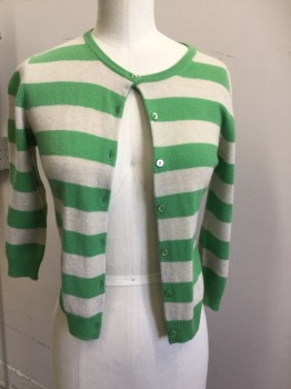 RON HERMAN, Oatmeal Brown, Kelly Green, Cashmere, Stripes, Crew Neck, 3/4 Sleeves
