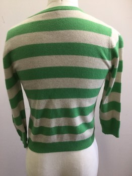 RON HERMAN, Oatmeal Brown, Kelly Green, Cashmere, Stripes, Crew Neck, 3/4 Sleeves