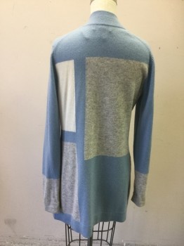 CHARTER CLUB, Lt Blue, White, Heather Gray, Cashmere, Color Blocking, Long, Open Front, Long Sleeves, Solid Lt Blue Ribbed Knit Lapel/Waistband