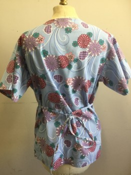 WS FUNDAMENTALS, Lt Blue, Dusty Purple, Pink, Teal Blue, Red, Poly/Cotton, Floral, Swirl , Short Sleeves, V-neck, Faux Surplus, 2 Pockets, Ties Center Back,