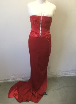 Womens, Evening Gown, GUCCI, Tomato Red, Silk, Solid, W26, B:34, Satin, Strapless Bustier Style Top with Gold Metal Hook Closures at Center Front Bust, Strappy Open Back, Draped Horizontal Straps at Hips, Bronze Decorative Grommets in Diagonal Lines at Hips, Floor Length Hem