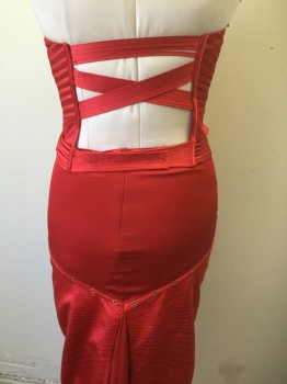 Womens, Evening Gown, GUCCI, Tomato Red, Silk, Solid, W26, B:34, Satin, Strapless Bustier Style Top with Gold Metal Hook Closures at Center Front Bust, Strappy Open Back, Draped Horizontal Straps at Hips, Bronze Decorative Grommets in Diagonal Lines at Hips, Floor Length Hem