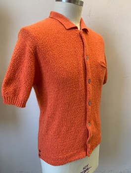 DICASSIO, Coral Orange, Wool, Polyester, Solid, Short Sleeved Cardigan, Bumpy Textured Knit, Ribbed Collar Attached, 1 Welt Pocket, *Mild Shoulder Burn