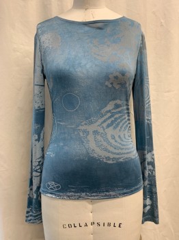 Womens, Top, PEOPLE OF LABYRINTH, Slate Blue, Gray, Silk, Abstract , Swirl , M, Swirl, Dotted & Anarchy Symbol Print, Round Neck,  Long Sleeves 1990's