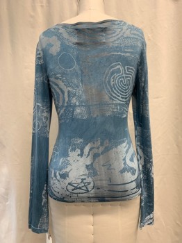 Womens, Top, PEOPLE OF LABYRINTH, Slate Blue, Gray, Silk, Abstract , Swirl , M, Swirl, Dotted & Anarchy Symbol Print, Round Neck,  Long Sleeves 1990's