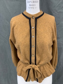 DALTON, Orange, Cashmere, Heathered, Cardigan, Elastic Waist, 3/4 Sleeve, Button Front, Ribbed Knit Collar/Placket/Cuff, Solid Black Trim, Self Belt *Small Hole in Right Shoulder*
