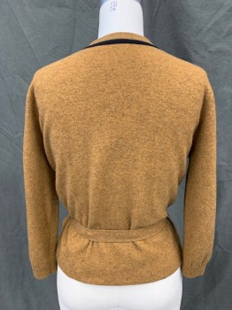 DALTON, Orange, Cashmere, Heathered, Cardigan, Elastic Waist, 3/4 Sleeve, Button Front, Ribbed Knit Collar/Placket/Cuff, Solid Black Trim, Self Belt *Small Hole in Right Shoulder*