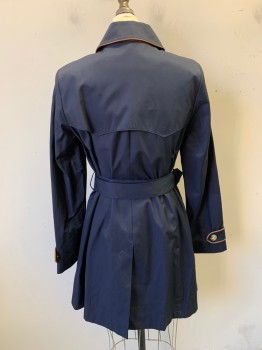 Womens, Coat, Trenchcoat, LAUREN RL, Navy Blue, Poly/Cotton, Viscose, S, 1 Piece with Belt, Brown Faux Leather Trim, Collar Attached, Hook & Eye Collar, Single Breasted, Button Front, Long Sleeves, 2 Side Pockets