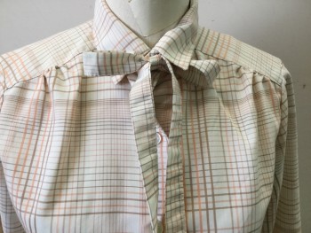 Womens, Blouse, COLLEGE TOWN, Cream, Lt Brown, Peach Orange, Polyester, Plaid, B 34, 7/8, Long Sleeves, Button Front, Collar Attached, Self Tie Neck