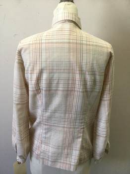 COLLEGE TOWN, Cream, Lt Brown, Peach Orange, Polyester, Plaid, Long Sleeves, Button Front, Collar Attached, Self Tie Neck