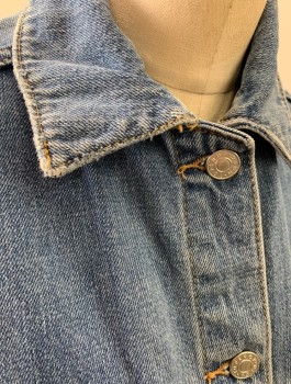 TOPSHOP MOTO, Denim Blue, Cotton, Solid, Faded Blue Denim, Button Front, Collar Attached, 4 Pockets
