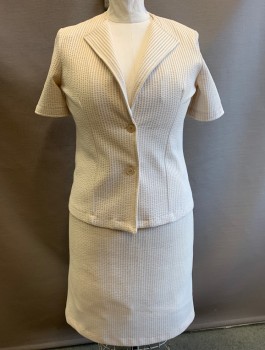 Womens, 1970s Vintage, Suit, Jacket, N/L, Ecru, White, Polyester, Seersucker, Stripes - Vertical , W:35, B:42, Short Sleeved Blazer, Pointed Lapel, 2 Buttons, Lightly Padded Shoulders, Late 1970's