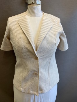 Womens, 1970s Vintage, Suit, Jacket, N/L, Ecru, White, Polyester, Seersucker, Stripes - Vertical , W:35, B:42, Short Sleeved Blazer, Pointed Lapel, 2 Buttons, Lightly Padded Shoulders, Late 1970's