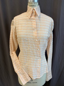 Womens, Blouse, RON LEAL, Off White, Orange, Linen, Silk, Stripes - Horizontal , M, Collar Attached, Multi Size Horizontal Orange Stripes, Collar Attached, Diagonal Button Front, Long Sleeves with 5.5" Cuffs