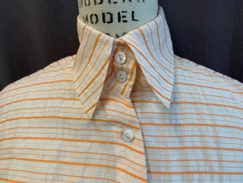 Womens, Blouse, RON LEAL, Off White, Orange, Linen, Silk, Stripes - Horizontal , M, Collar Attached, Multi Size Horizontal Orange Stripes, Collar Attached, Diagonal Button Front, Long Sleeves with 5.5" Cuffs
