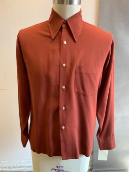 BRENT, Sienna Brown, Viscose, Polyester, Solid, Long Sleeves, Button Front, Collar Attached, 1 Pocket,