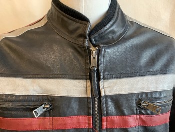 Mens, Leather Jacket, ARIZONA, Black, Lt Gray, Dk Red, Leather, Stripes - Horizontal , 46R, Mandarin/Nehru Collar with Black Knit Ribbed Trim, Light Gray/dark Red 1" Stripes on Shoulder & Long Sleeves and Across Upper Chest, 4 Pockets, Faded Dark Red Diamond Lining