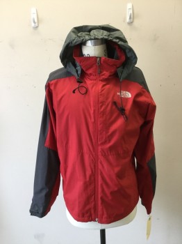 Mens, Casual Jacket, THE NORTH FACE, Red, Dk Gray, Nylon, Color Blocking, M, Zip Front, Stand Collar, Attached Hood, 2 Zipper Pockets, Lightweight