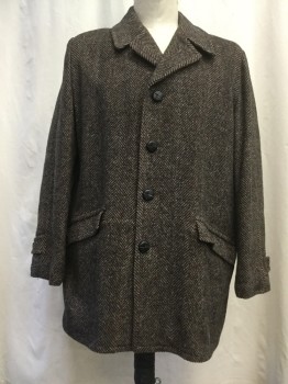 Mens, Coat, FOX KNAPP, Brown, Black, Wool, Herringbone, 46, Notched Lapel, 4 Button Front, Single Breasted, 2 Back Vents, 2 Pockets, Fully Lined