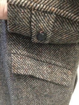 Mens, Coat, FOX KNAPP, Brown, Black, Wool, Herringbone, 46, Notched Lapel, 4 Button Front, Single Breasted, 2 Back Vents, 2 Pockets, Fully Lined