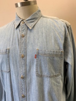 LEVI'S, Denim Blue, Lt Blue, Cotton, Solid, Light Chambray, Long Sleeve Button Front, Collar Attached, 2 Patch Pockets