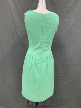 N/L, Mint Green, Synthetic, Solid, Sleeveless, Scoop Neck with Small V, Zip Back, Gathered Skirt, Self Bow Center Front Waist, Knee Length,