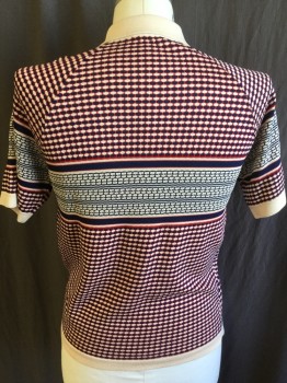 DONEGAL COLESETA, Beige, Navy Blue, Red, Acrylic, Novelty Pattern, Stripes - Horizontal , Polo Style, Solid Beige Ribbed Knit Collar Attached, Raglan Short Sleeves Cuffs & Hem, 10" Cream Zip Front with Large Round Cream Ring