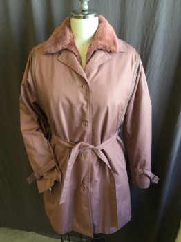 Womens, Coat, LONDON TOWNE, Mauve Pink, Acrylic, Polyester, Solid, B:36, 12, W:30, Detachable Faux Fur Lining, Collar Attached, Button Front, Dark Brown Leather Piping Along Arm Hole & Shoulder, Long Belted Sleeves, 2 Pockets, **Removable Belt
