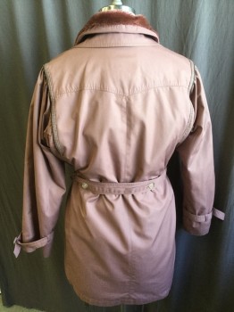 Womens, Coat, LONDON TOWNE, Mauve Pink, Acrylic, Polyester, Solid, B:36, 12, W:30, Detachable Faux Fur Lining, Collar Attached, Button Front, Dark Brown Leather Piping Along Arm Hole & Shoulder, Long Belted Sleeves, 2 Pockets, **Removable Belt