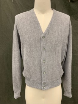 IZOD, Lt Gray, Acrylic, Solid, V-neck, Cardigan, Button Front, Long Sleeves, Ribbed Knit Cuff, Repro 1960's
