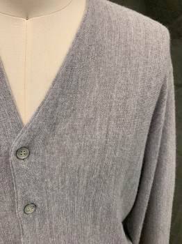 IZOD, Lt Gray, Acrylic, Solid, V-neck, Cardigan, Button Front, Long Sleeves, Ribbed Knit Cuff, Repro 1960's