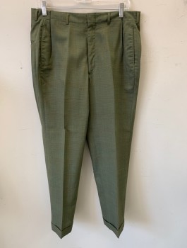Mens, 1960s Vintage, Suit, Pants, SEWELL, Avocado Green, Brown, Dk Green, Wool, Glen Plaid, Ins:29, W:33+, *TV Alt Single Pleats Added at Waist, Zip Fly, 4 Pockets, Slim Tapered Leg, Folded Cuffs at Hem, **Has Some Small Moth Holes