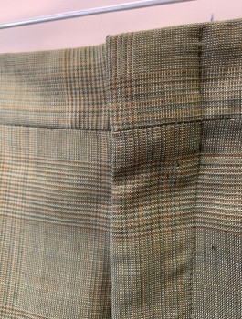 Mens, 1960s Vintage, Suit, Pants, SEWELL, Avocado Green, Brown, Dk Green, Wool, Glen Plaid, Ins:29, W:33+, *TV Alt Single Pleats Added at Waist, Zip Fly, 4 Pockets, Slim Tapered Leg, Folded Cuffs at Hem, **Has Some Small Moth Holes