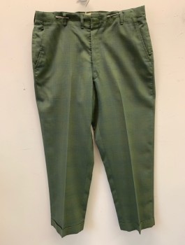 N/L, Olive Green, Navy Blue, Wool, Plaid-  Windowpane, Flat Front, Straight Leg, Cuffed Hems, Zip Fly, 4 Pockets, Belt Loops, Early 1960's, **L Shaped Large Mend on Bum