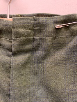 N/L, Olive Green, Navy Blue, Wool, Plaid-  Windowpane, Flat Front, Straight Leg, Cuffed Hems, Zip Fly, 4 Pockets, Belt Loops, Early 1960's, **L Shaped Large Mend on Bum