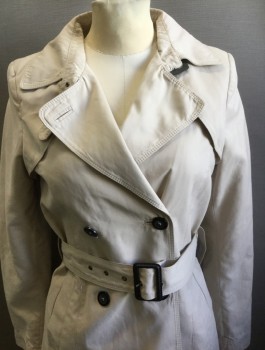 Womens, Coat, Trenchcoat, ZARA , Khaki Brown, Polyester, Nylon, Solid, XS, Double Breasted, Notch Collar, Black Buttons, 2 Pockets, **With Matching Self Belt with Black Leather Buckle