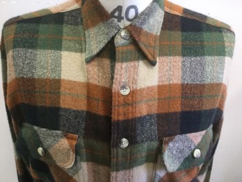 CACTUS, Brown, Black, Olive Green, Khaki Brown, Acrylic, Plaid, Button Front, Collar Attached, Long Sleeves, 2 Button Flap Pockets