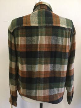 CACTUS, Brown, Black, Olive Green, Khaki Brown, Acrylic, Plaid, Button Front, Collar Attached, Long Sleeves, 2 Button Flap Pockets