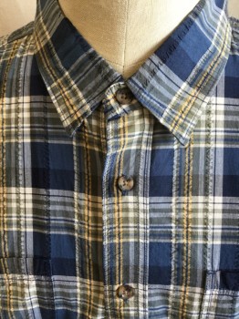 OUTDOOR LIFE, Navy Blue, Slate Blue, Black, Off White, Yellow, Cotton, Plaid, Seersucker, Collar Attached, Button Front, 2 Pockets, Short Sleeves,