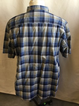 OUTDOOR LIFE, Navy Blue, Slate Blue, Black, Off White, Yellow, Cotton, Plaid, Seersucker, Collar Attached, Button Front, 2 Pockets, Short Sleeves,