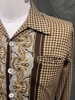 Mens, Shirt Disco, LEE JAY, Dk Brown, Tan Brown, Gray, Polyester, S 35, N 15.5, Circle Medallions, Center Front Ornate Stripes, Button Front, Collar Attached, Long Sleeves, 1 Pocket,