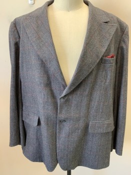 Mens, 1930s Vintage, Suit, Jacket, MARK COSTELLO, Gray, Lt Gray, Red, Red Burgundy, Wool, Herringbone, Grid , W56, C56L, I33, Single Breasted, 2 Buttons,  Very Wide Peaked Lapel, 3 Pockets,