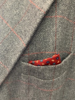 Mens, 1930s Vintage, Suit, Jacket, MARK COSTELLO, Gray, Lt Gray, Red, Red Burgundy, Wool, Herringbone, Grid , W56, C56L, I33, Single Breasted, 2 Buttons,  Very Wide Peaked Lapel, 3 Pockets,