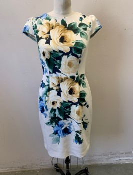 Womens, Dress, Short Sleeve, BETSEY JOHNSON, Cream, Green, Mustard Yellow, Blue, Polyester, Spandex, Floral, Sz.4, Oversized Flowers Print in Front Only, Stretchy Fabric, Cap Sleeves, Round Neck, Sheath Dress, Knee Length, Exposed Silver Zipper in Back